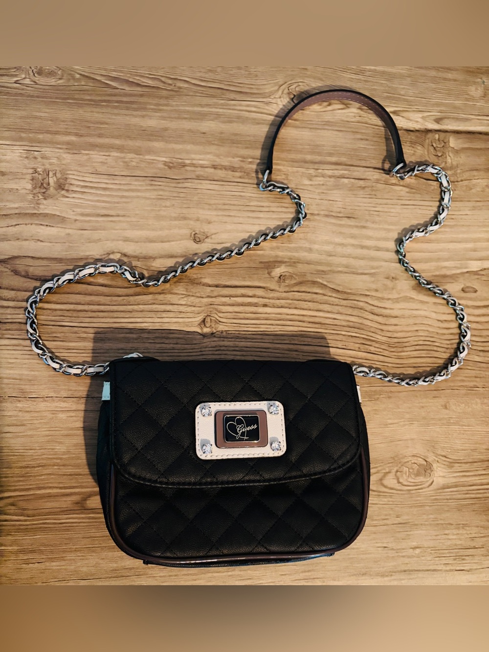 Guess Black Quilted Crossbody with Silver Chain